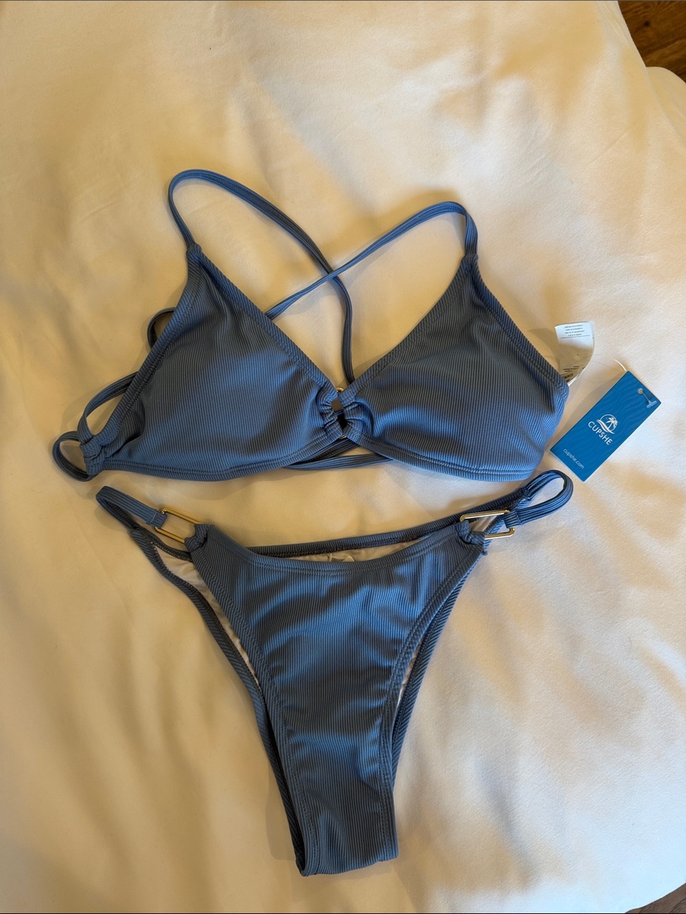 Cupshe Slate Blue Ribbed Cross-Back Bikini Set